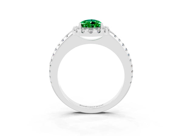 White gold Pear Cut Emerald Pavé Halo Ring with Four-Prong Setting