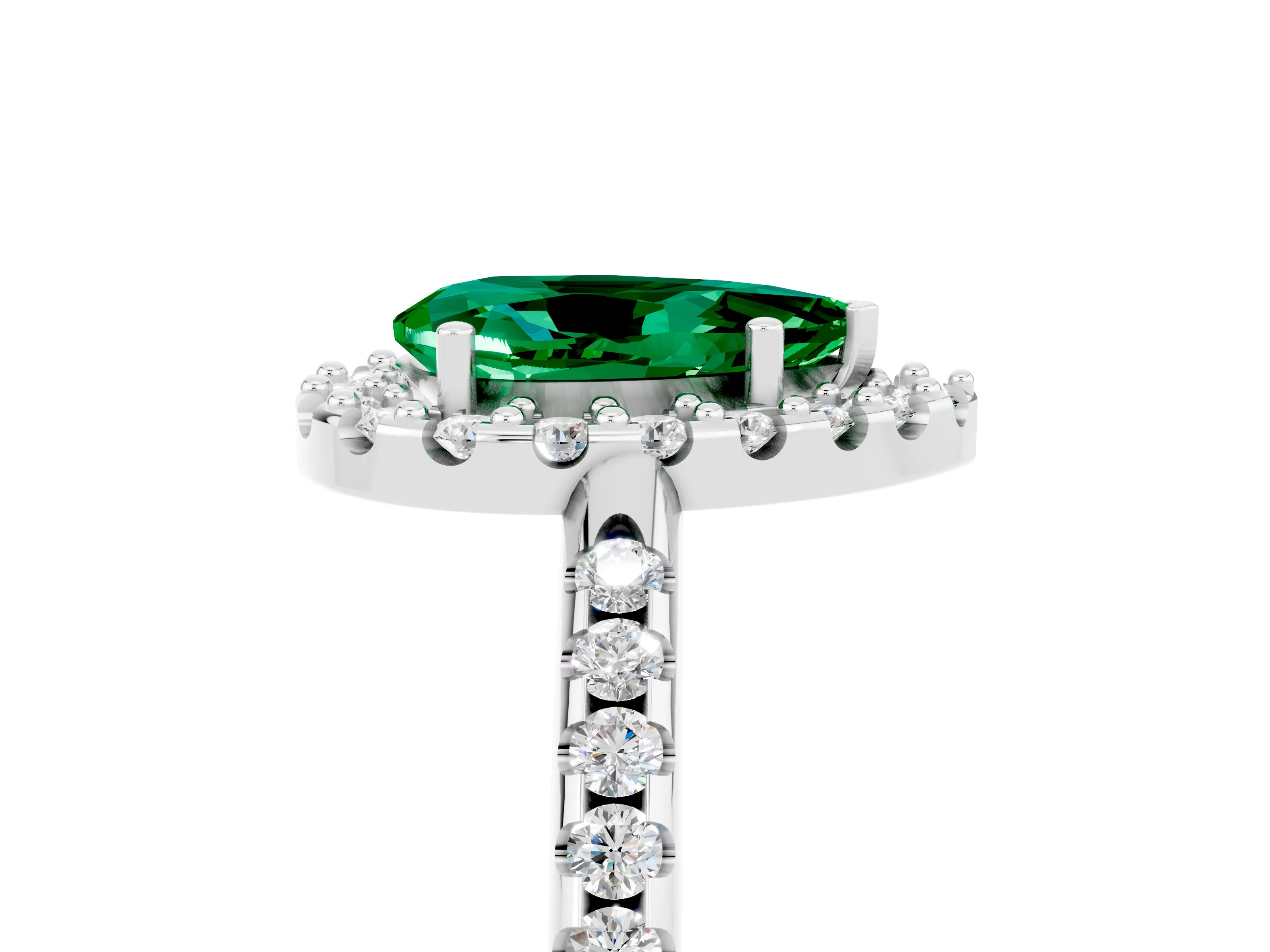 White gold Pear Cut Emerald Pavé Halo Ring with Four-Prong Setting_17
