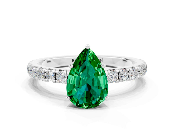 Platinum Pear Cut Emerald Pavé Solitaire Engagement Ring with Four-Prong Setting