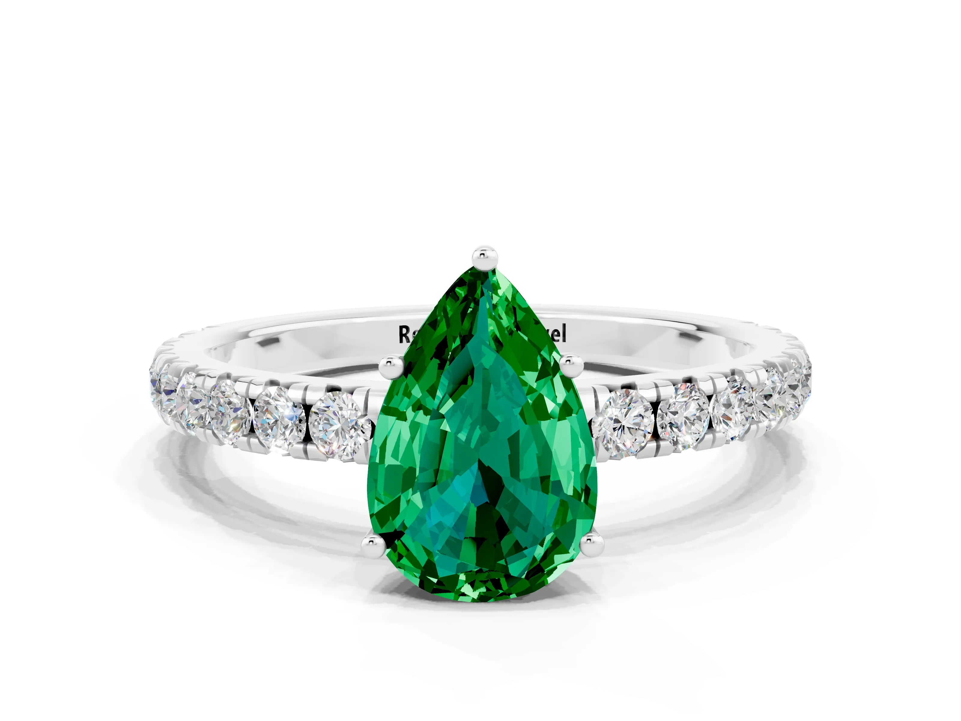 White gold Pear Cut Emerald Pavé Solitaire Engagement Ring with Four-Prong Setting_12