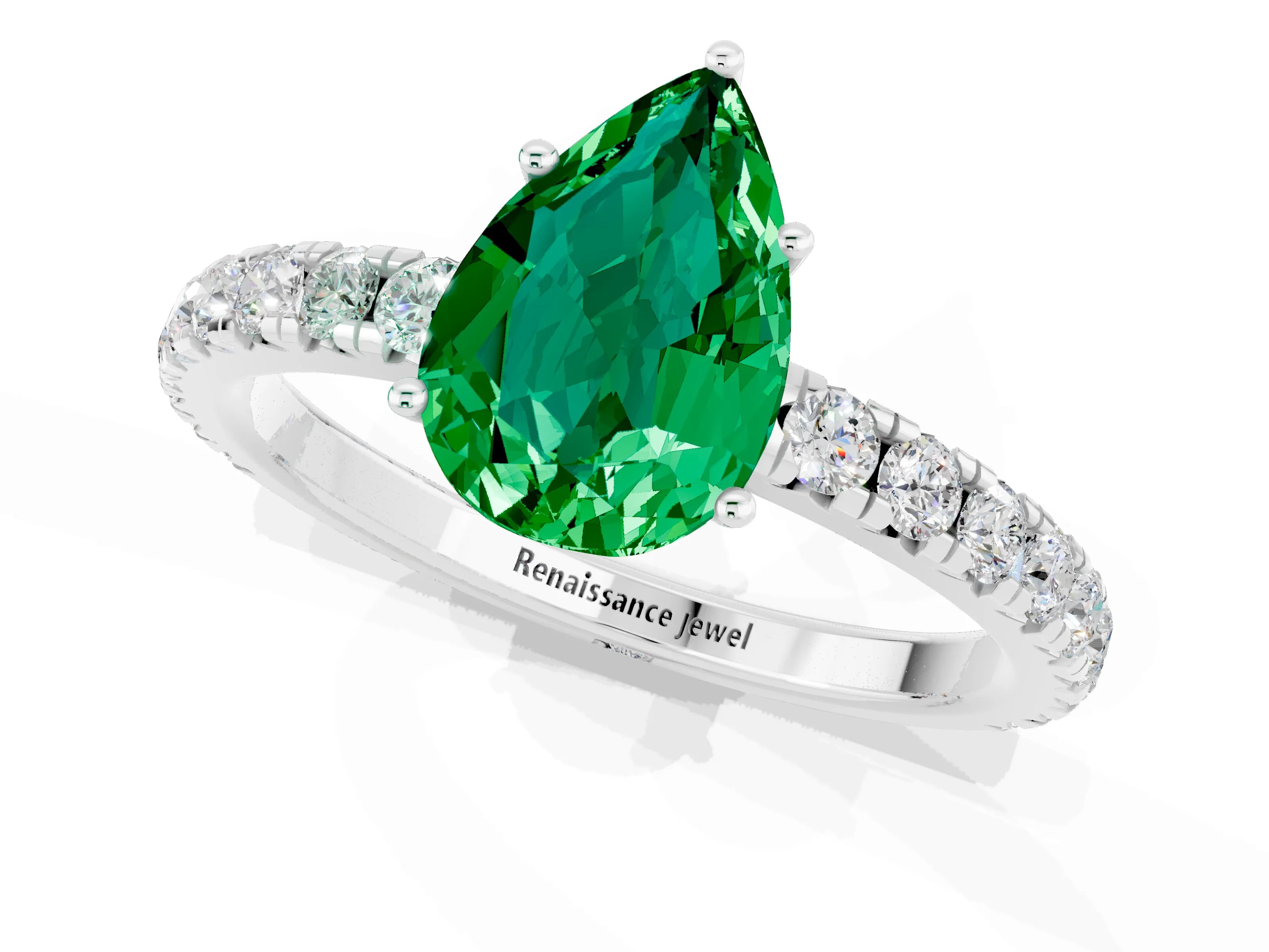 White gold Pear Cut Emerald Pavé Solitaire Engagement Ring with Four-Prong Setting_13