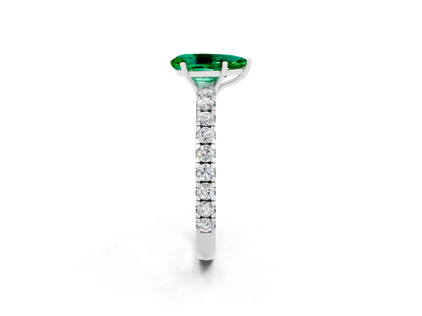 Platinum Pear Cut Emerald Pavé Solitaire Engagement Ring with Four-Prong Setting