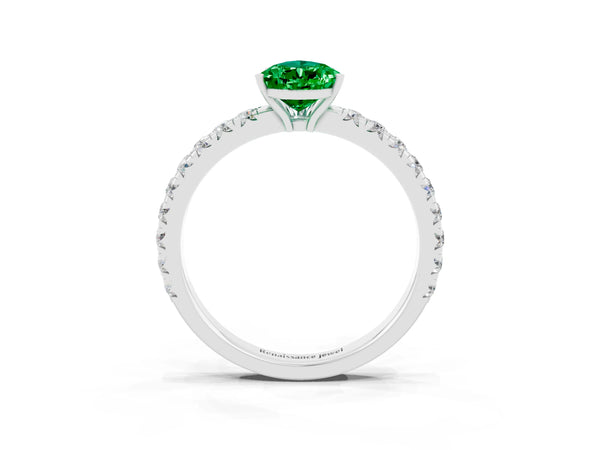 Silver Pear Cut Emerald Pavé Solitaire Engagement Ring with Four-Prong Setting
