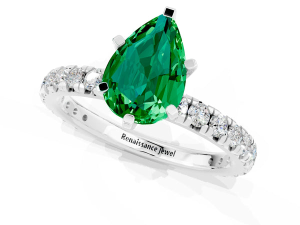 Silver Pear Cut Emerald Pavé Solitaire Ring with Round Band and Prong Setting