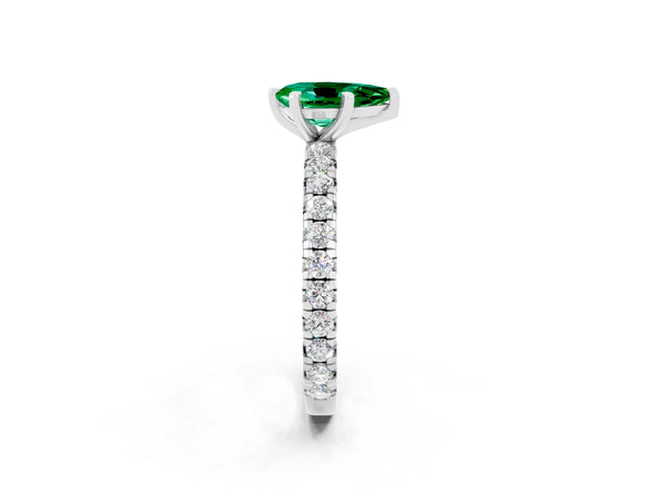 Platinum Pear Cut Emerald Pavé Solitaire Ring with Round Band and Prong Setting