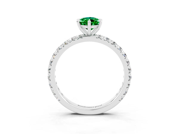 Silver Pear Cut Emerald Pavé Solitaire Ring with Round Band and Prong Setting