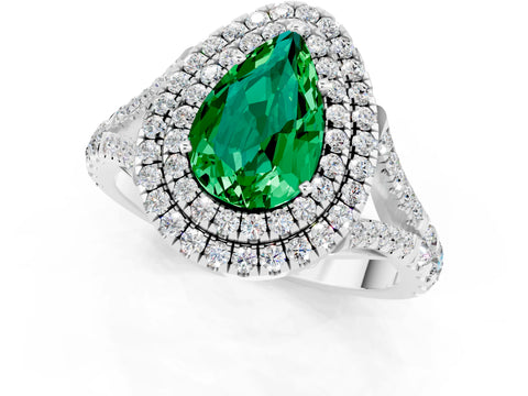 White gold Pear Cut Emerald Pavé Split Shank Double Halo Engagement Ring_1