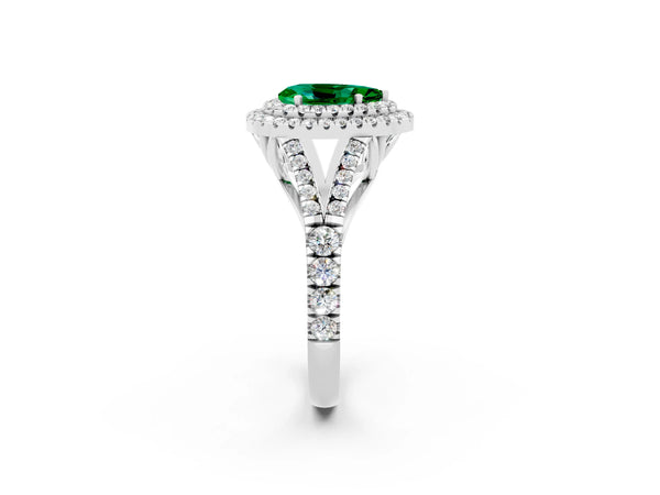Platinum Pear Cut Emerald Pavé Split Shank Double Halo Engagement Ring