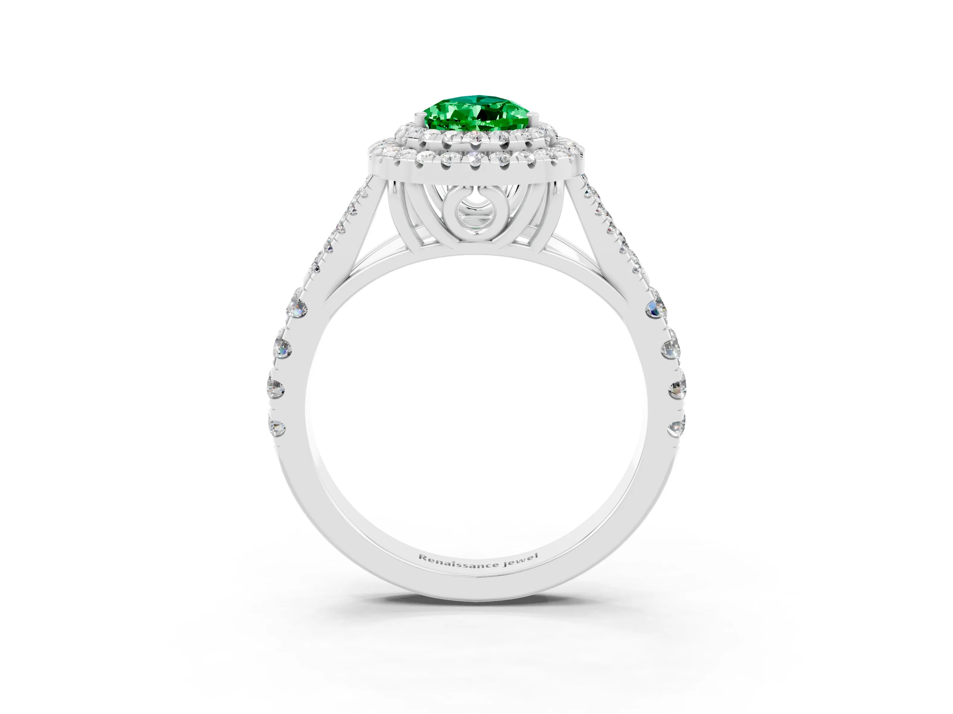 White gold Pear Cut Emerald Pavé Split Shank Double Halo Engagement Ring_3