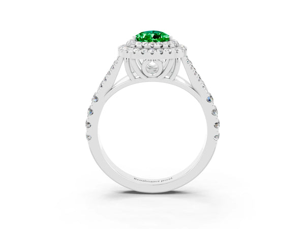 White gold Pear Cut Emerald Pavé Split Shank Double Halo Engagement Ring