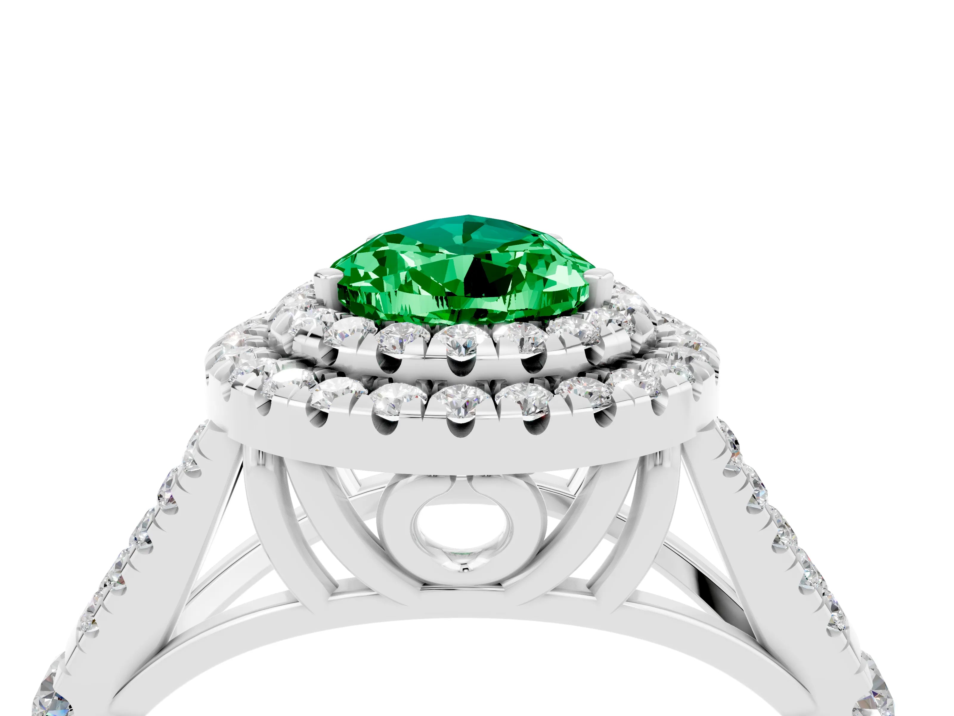 White gold Pear Cut Emerald Pavé Split Shank Double Halo Engagement Ring_4