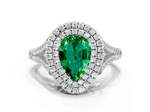 White gold Pear Cut Emerald Pavé Split Shank Double Halo Engagement Ring