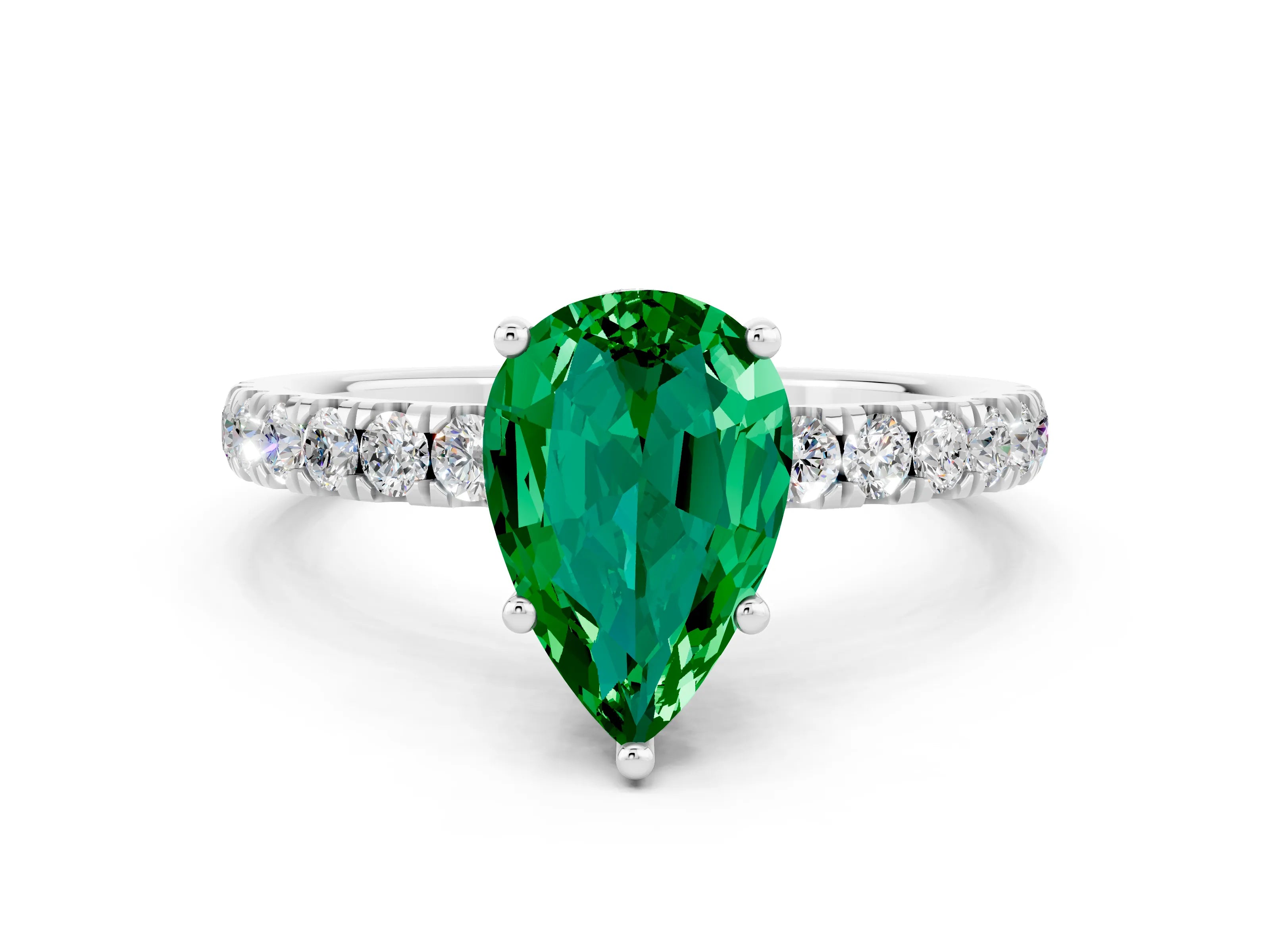 White gold Pear Cut Emerald Pave Band Solitaire Ring with Four-Prong Setting_24