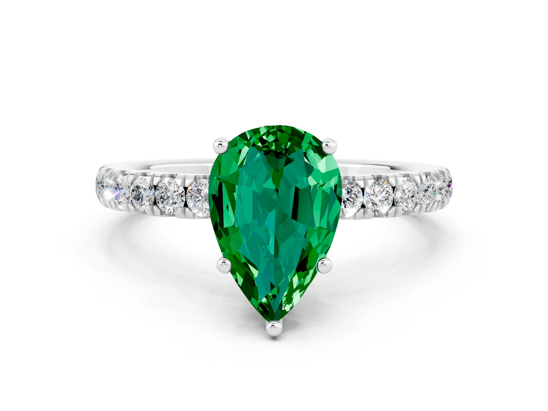 White gold Pear Cut Emerald Pave Band Solitaire Ring with Four-Prong Setting_24