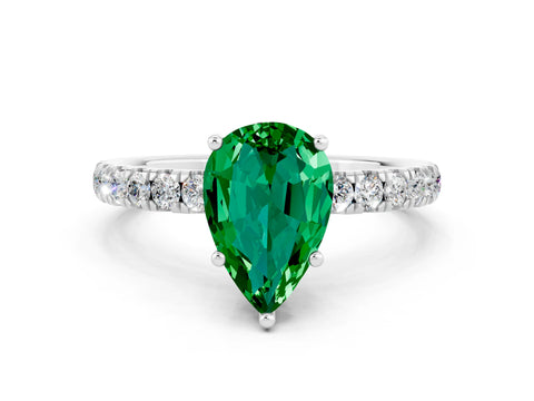 White gold Pear Cut Emerald Pave Band Solitaire Ring with Four-Prong Setting_24