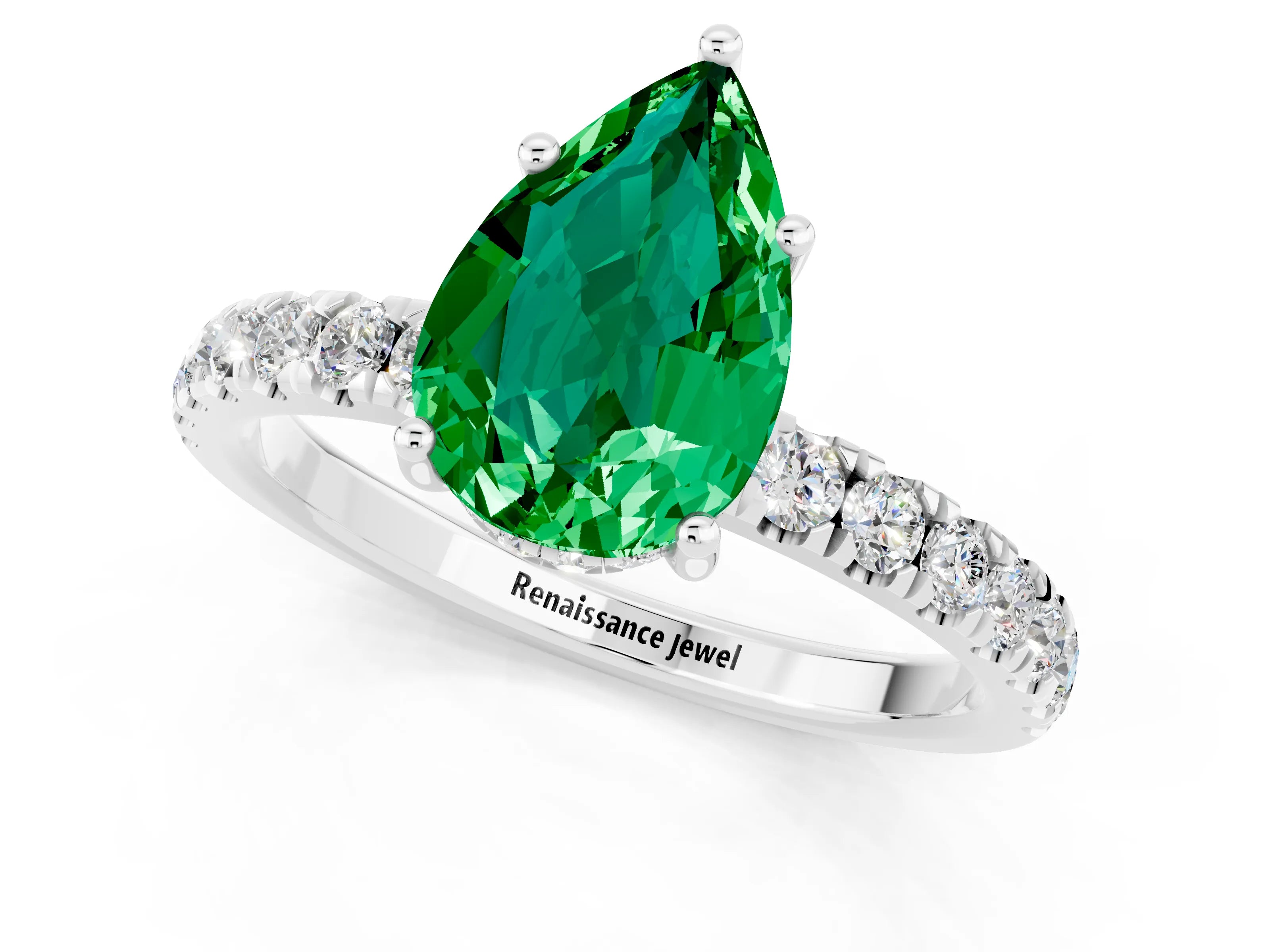 White gold Pear Cut Emerald Pave Band Solitaire Ring with Four-Prong Setting_25