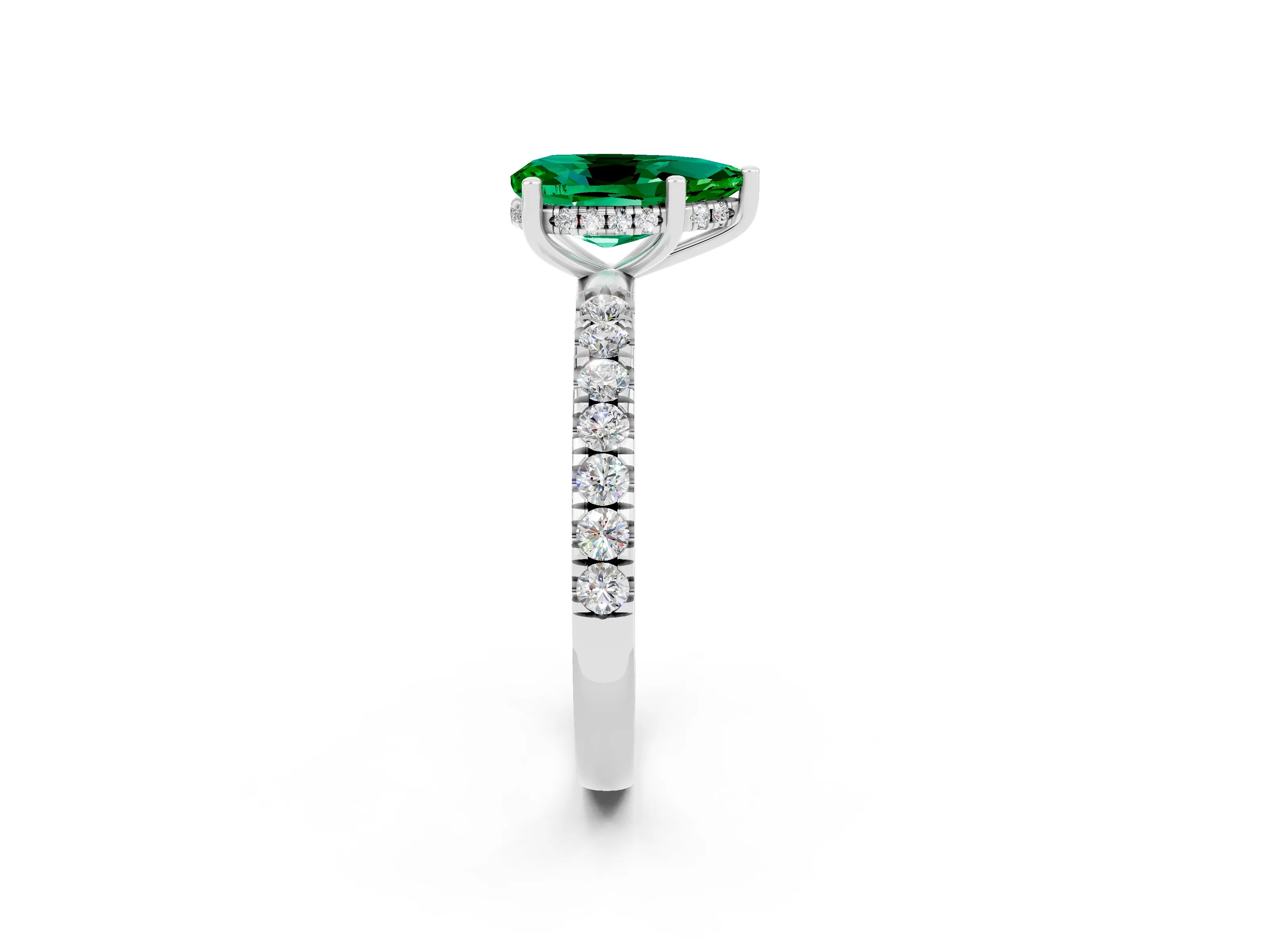 White gold Pear Cut Emerald Pave Band Solitaire Ring with Four-Prong Setting_26