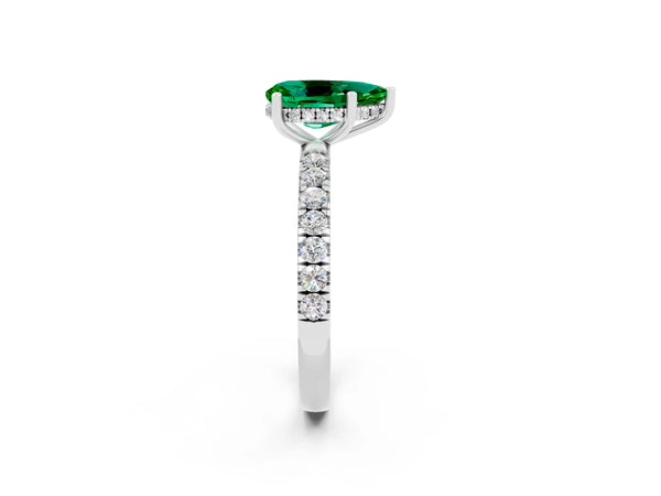 White gold Pear Cut Emerald Pave Band Solitaire Ring with Round  and Prong Setting