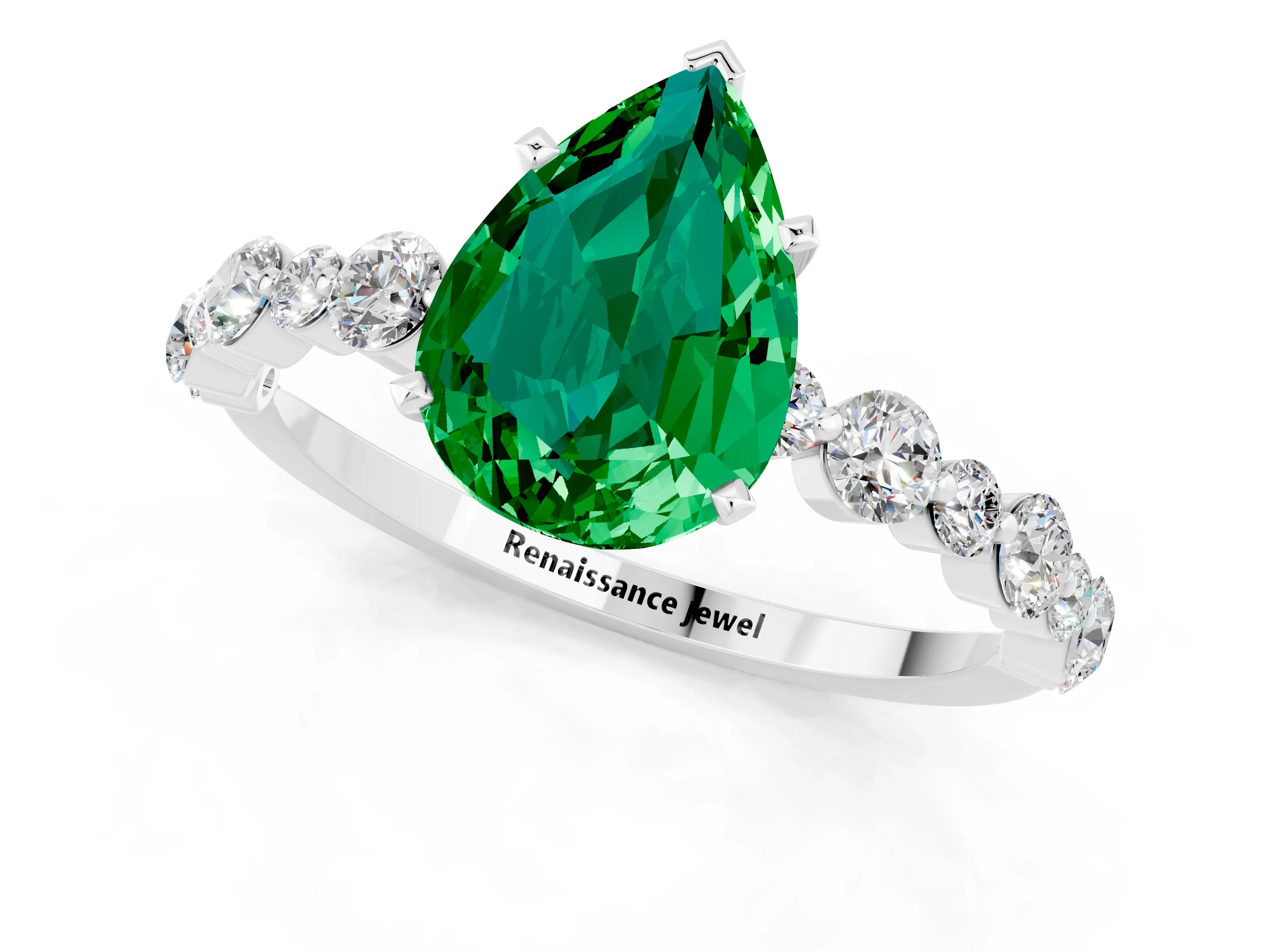 White gold Pear Cut Emerald Prong Set Engagement Ring with Pavé Band_1