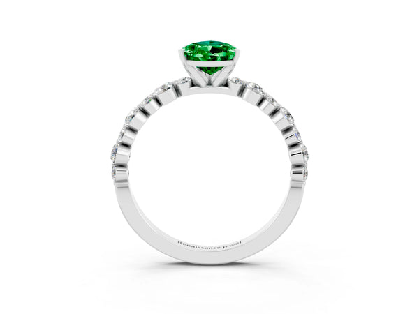 Platinum Pear Cut Emerald Prong Set Engagement Ring with Pavé Band