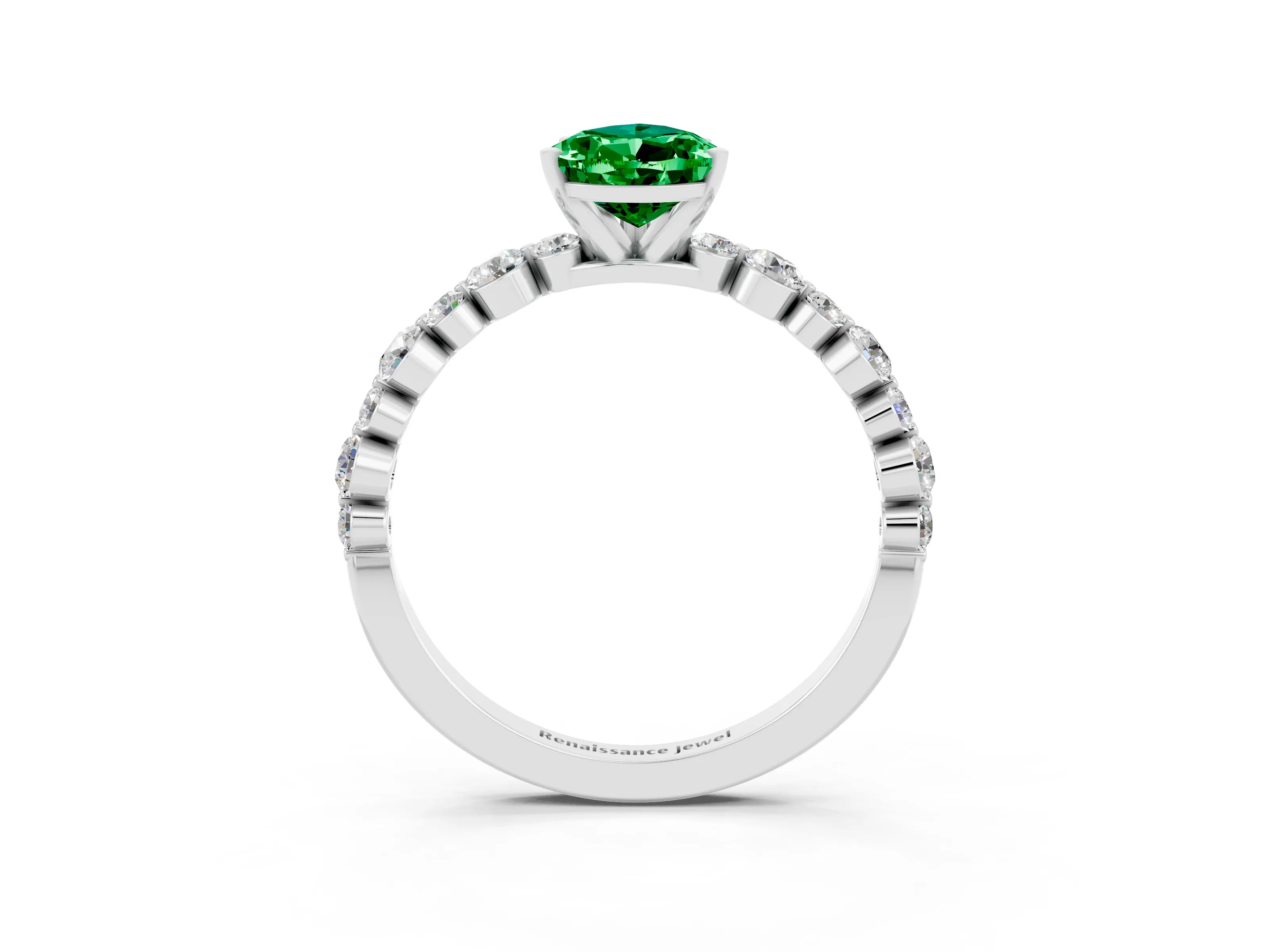 White gold Pear Cut Emerald Prong Set Engagement Ring with Pavé Band_3