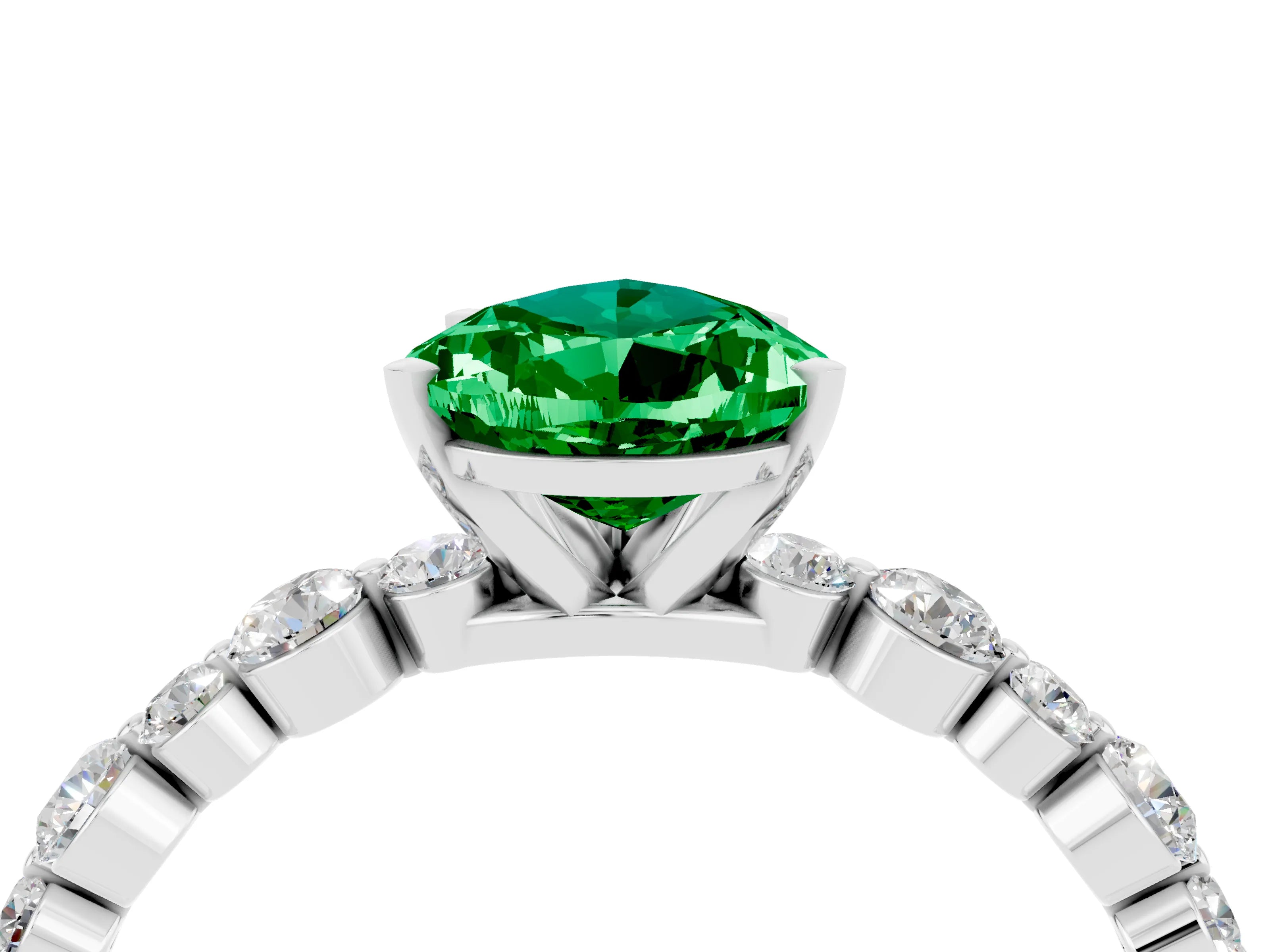 White gold Pear Cut Emerald Prong Set Engagement Ring with Pavé Band_4