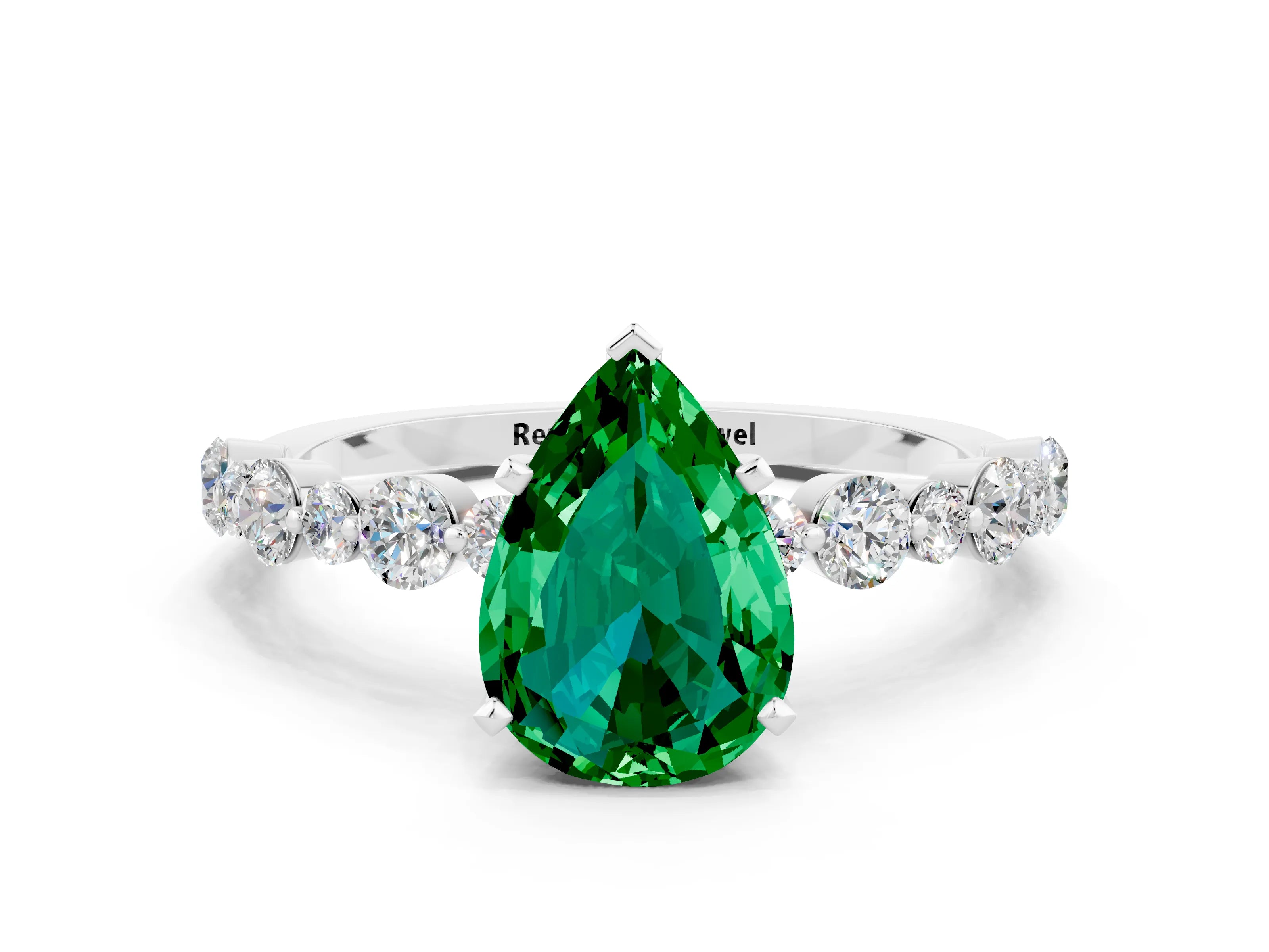 White gold Pear Cut Emerald Prong Set Engagement Ring with Pavé Band
