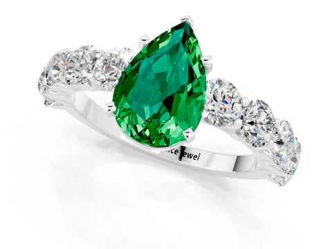 White gold Pear Cut Emerald Prong Setting with Side Stones on a Pave Band_1