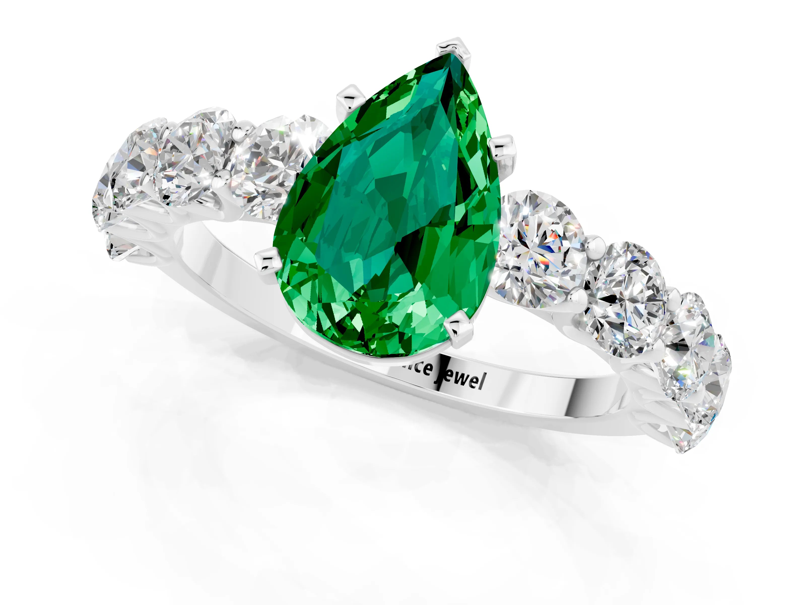 White gold Pear Cut Emerald Prong Setting with Side Stones on a Pave Band_1