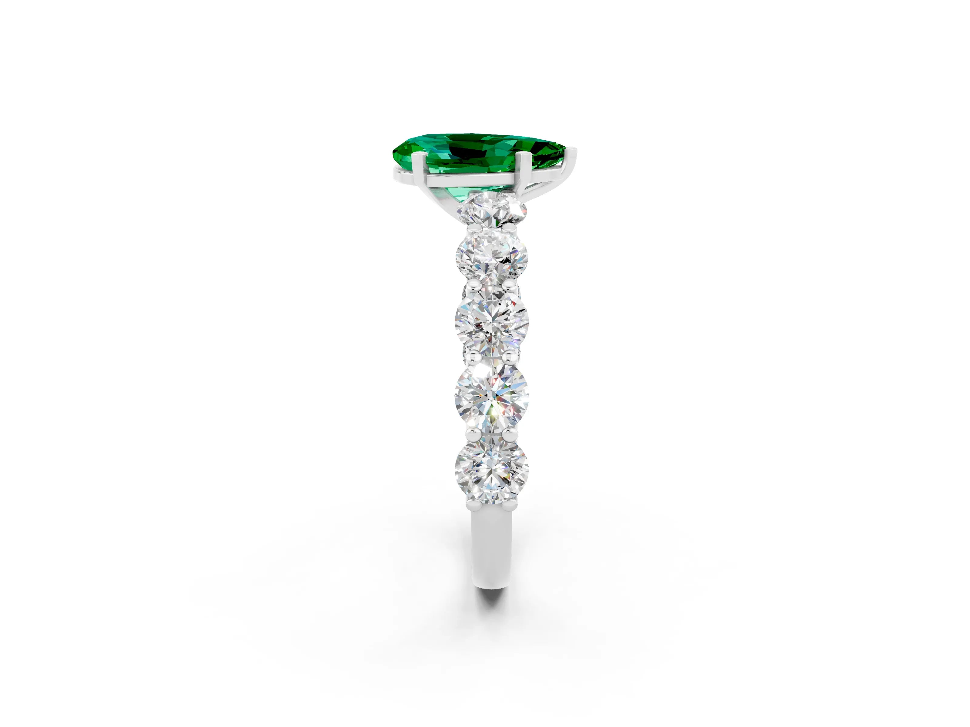 White gold Pear Cut Emerald Prong Setting with Side Stones on a Pave Band_2