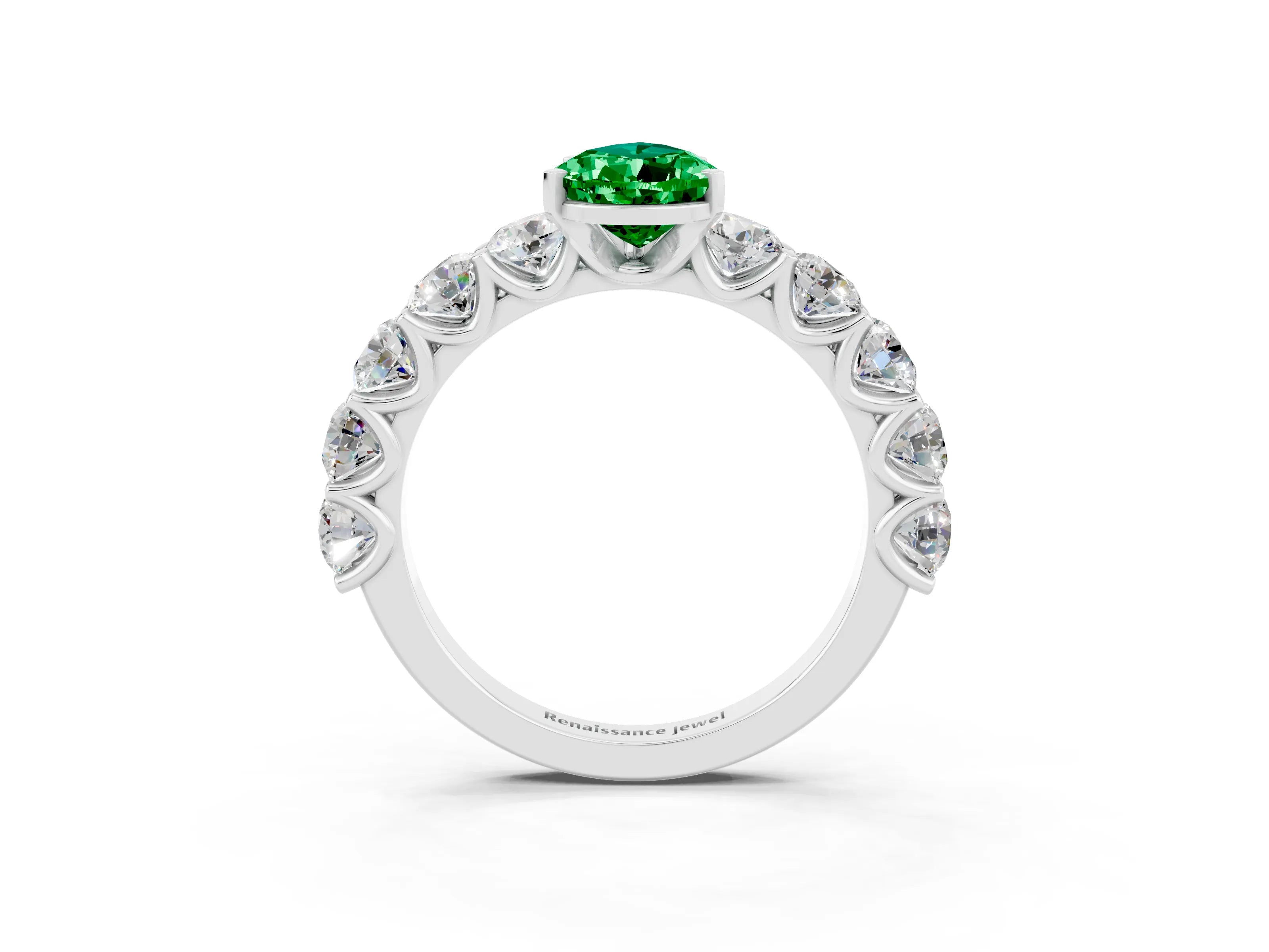 White gold Pear Cut Emerald Prong Setting with Side Stones on a Pave Band_3