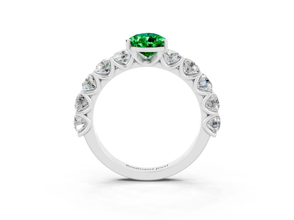 Silver Pear Cut Emerald Prong Setting with Side Stones on a Pave Band