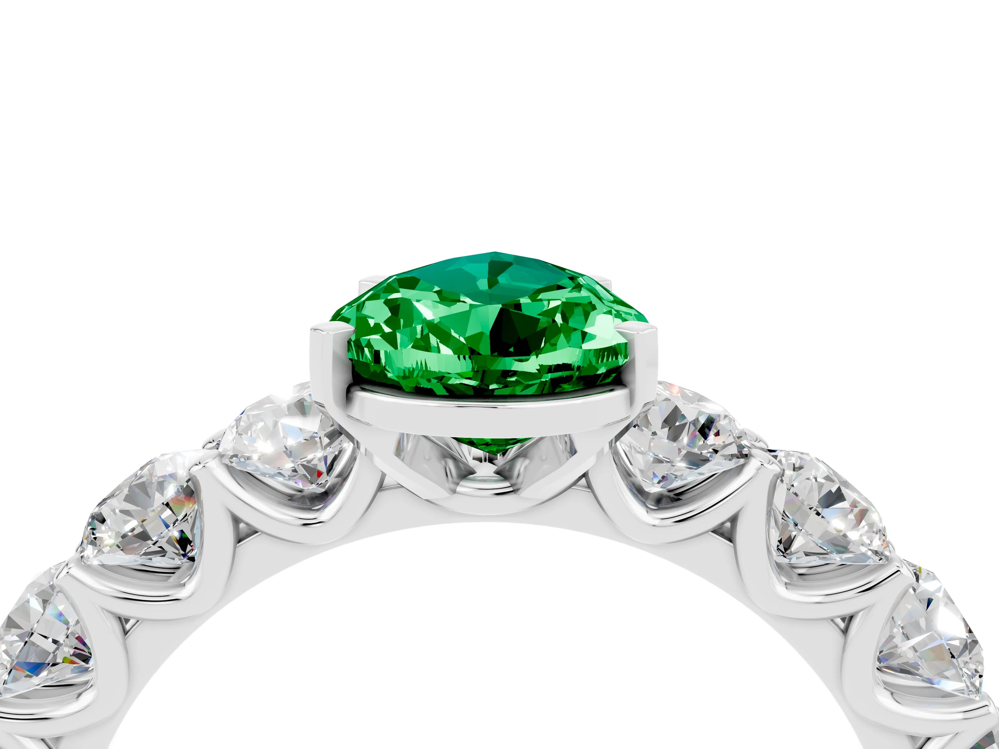 White gold Pear Cut Emerald Prong Setting with Side Stones on a Pave Band_4