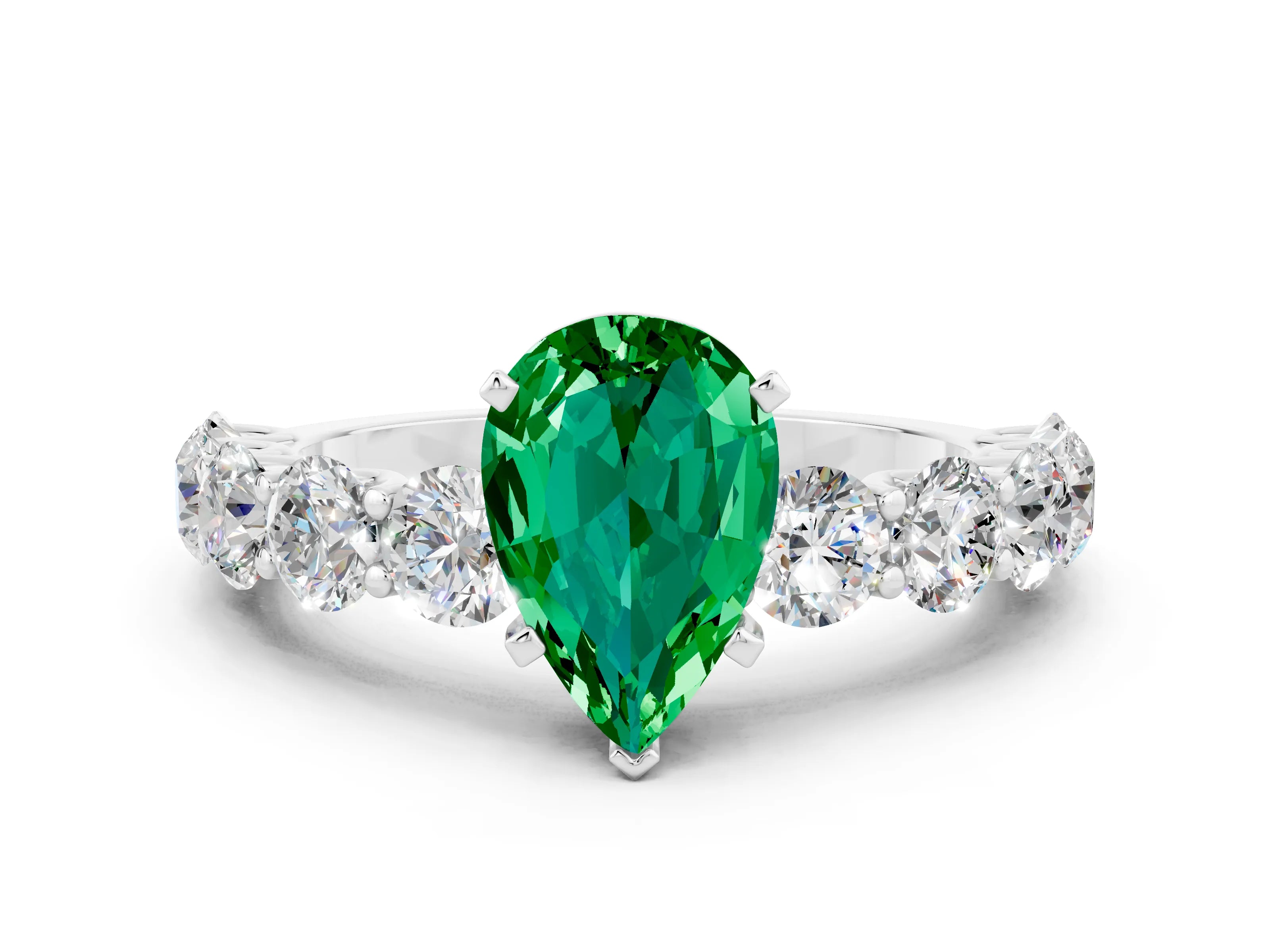 White gold Pear Cut Emerald Prong Setting with Side Stones on a Pave Band