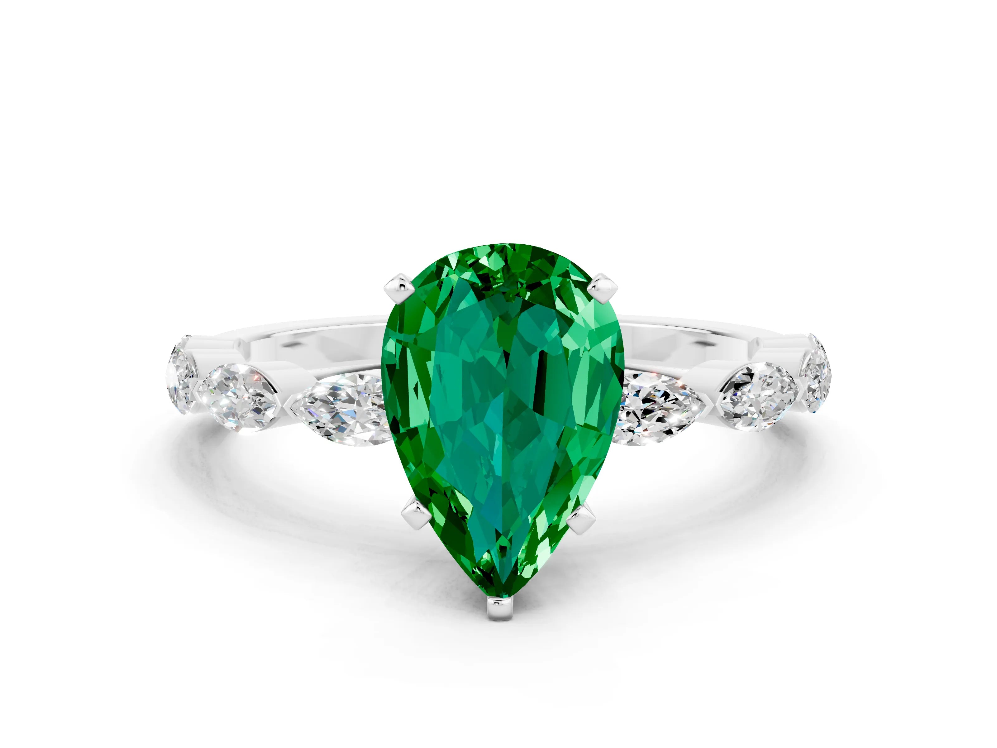 White gold Pear Cut Emerald Ring with Marquise Side Stones and Prong Setting