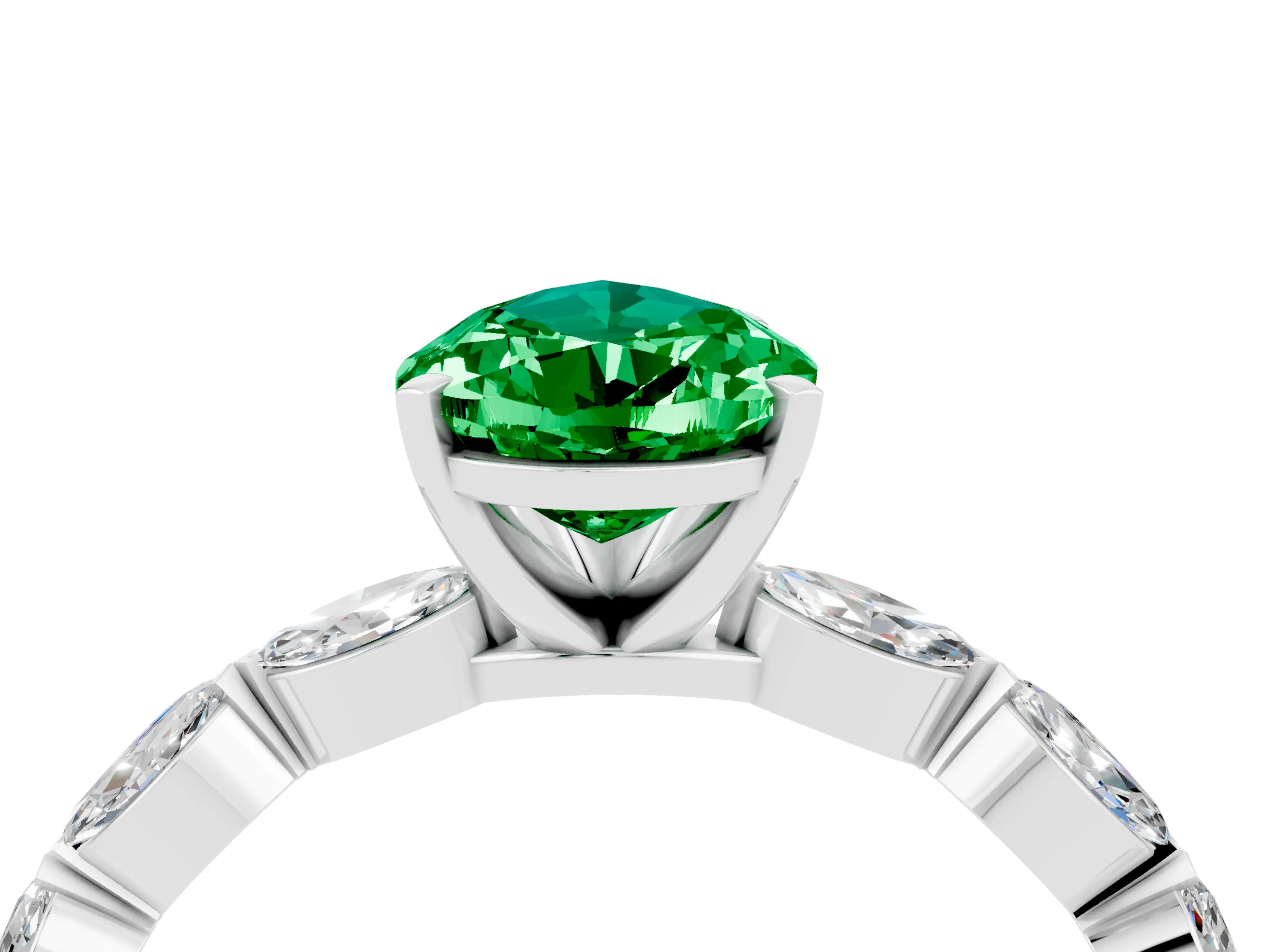 White gold Pear Cut Emerald Ring with Marquise Side Stones and Prong Setting_4