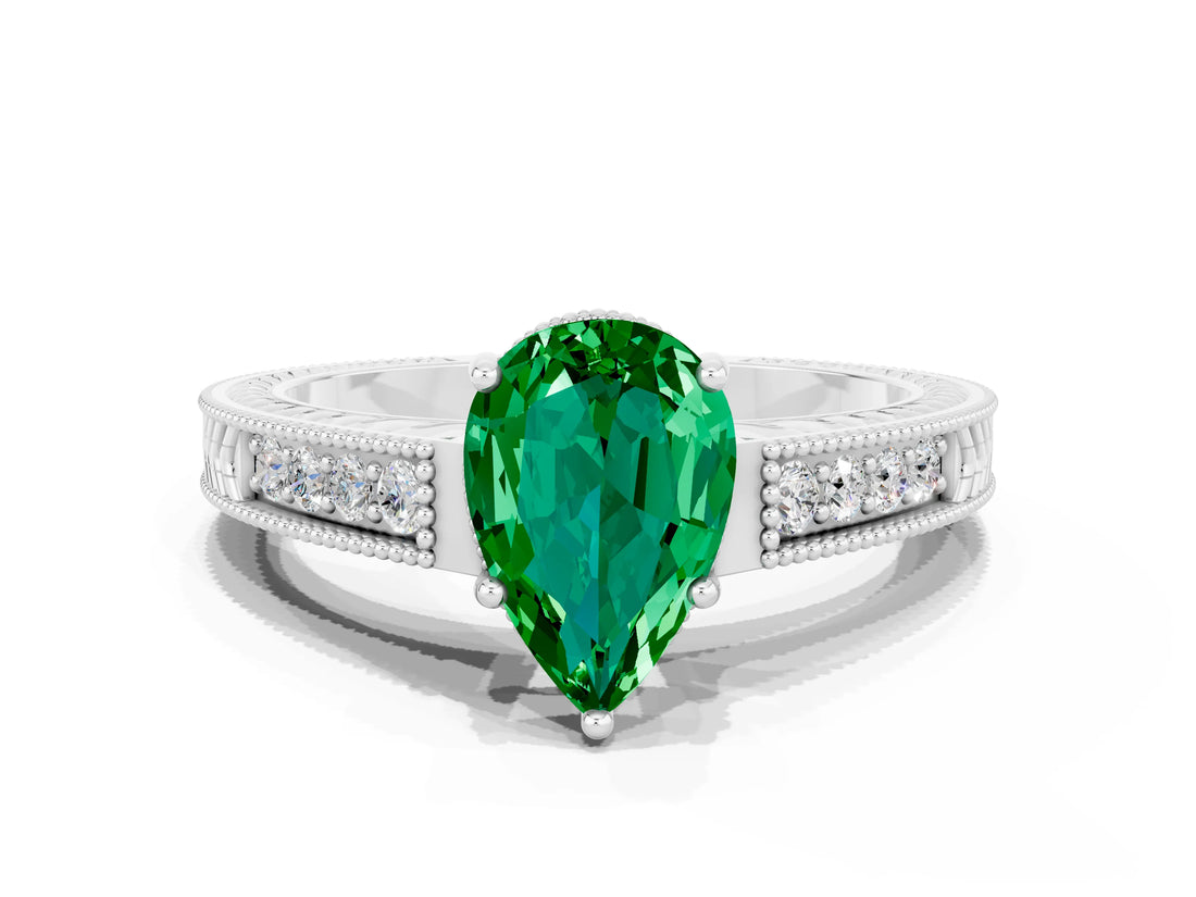 White gold Pear Cut Emerald Ring with Milgrain Pavé Band and Four-Prong Setting_12