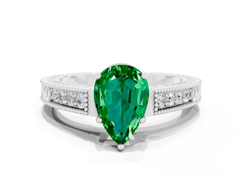 White gold Pear Cut Emerald Ring with Milgrain Pavé Band and Four-Prong Setting_12