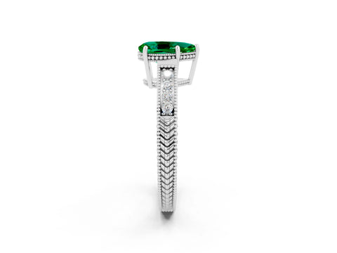 White gold Pear Cut Emerald Ring with Milgrain Pavé Band and Four-Prong Setting_14