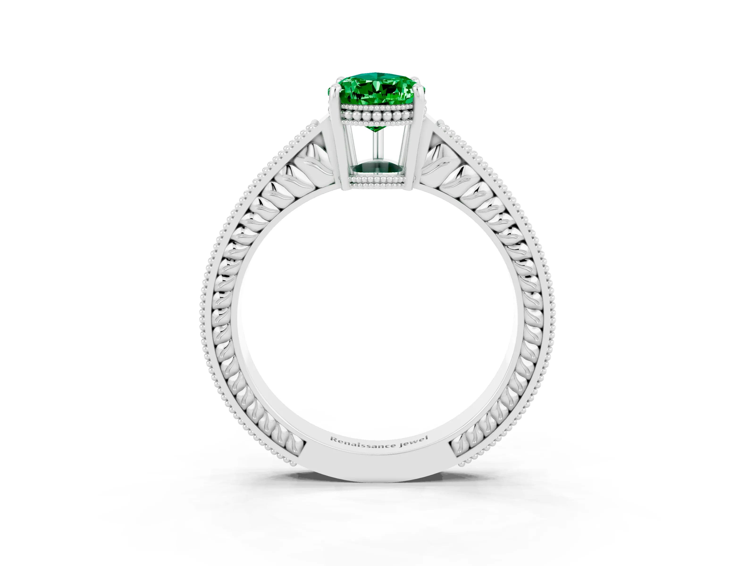 White gold Pear Cut Emerald Ring with Milgrain Pavé Band and Four-Prong Setting_15