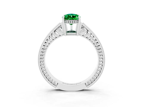 White gold Pear Cut Emerald Ring with Milgrain Pavé Band and Four-Prong Setting_15
