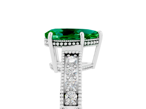 White gold Pear Cut Emerald Ring with Milgrain Pavé Band and Four-Prong Setting_17