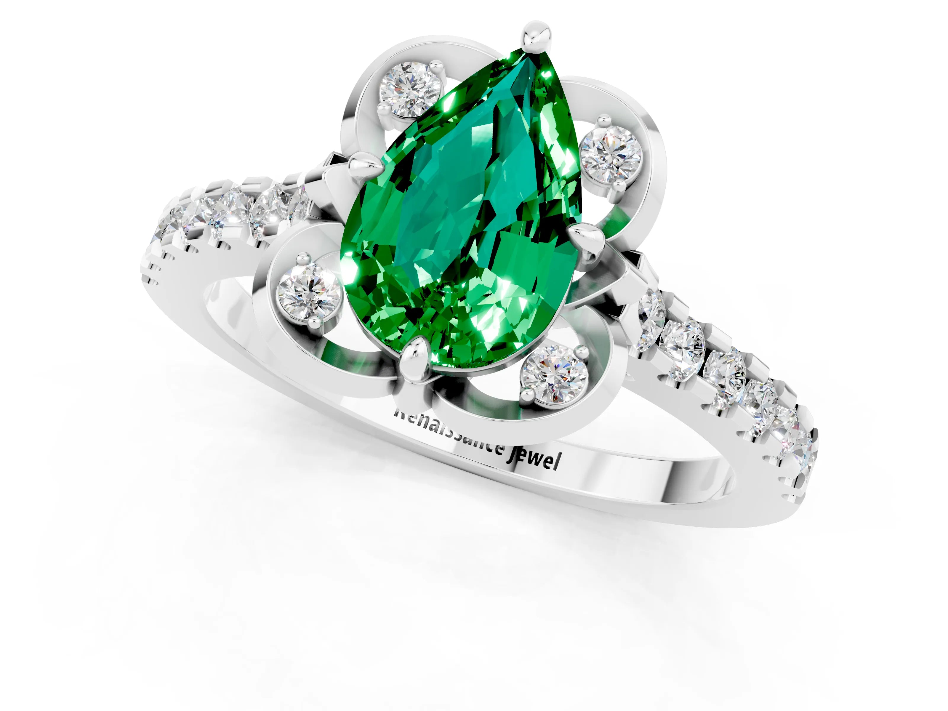 White gold Pear Cut Emerald Ring with Pavé Band and Floral Prong Setting_1