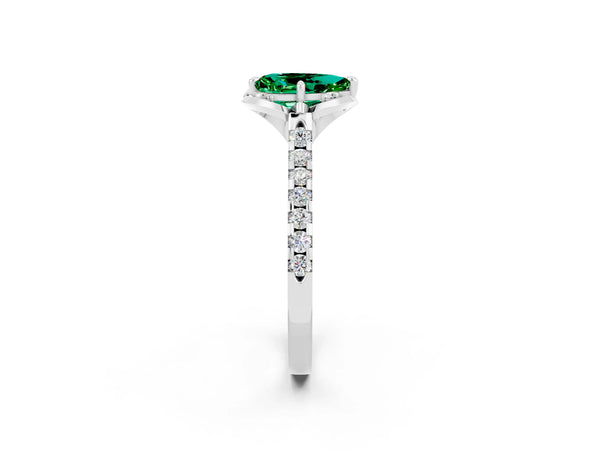 Silver Pear Cut Emerald Ring with Pavé Band and Floral Prong Setting