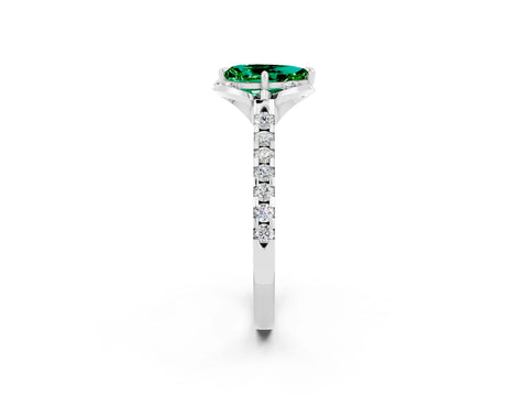 White gold Pear Cut Emerald Ring with Pavé Band and Floral Prong Setting_2