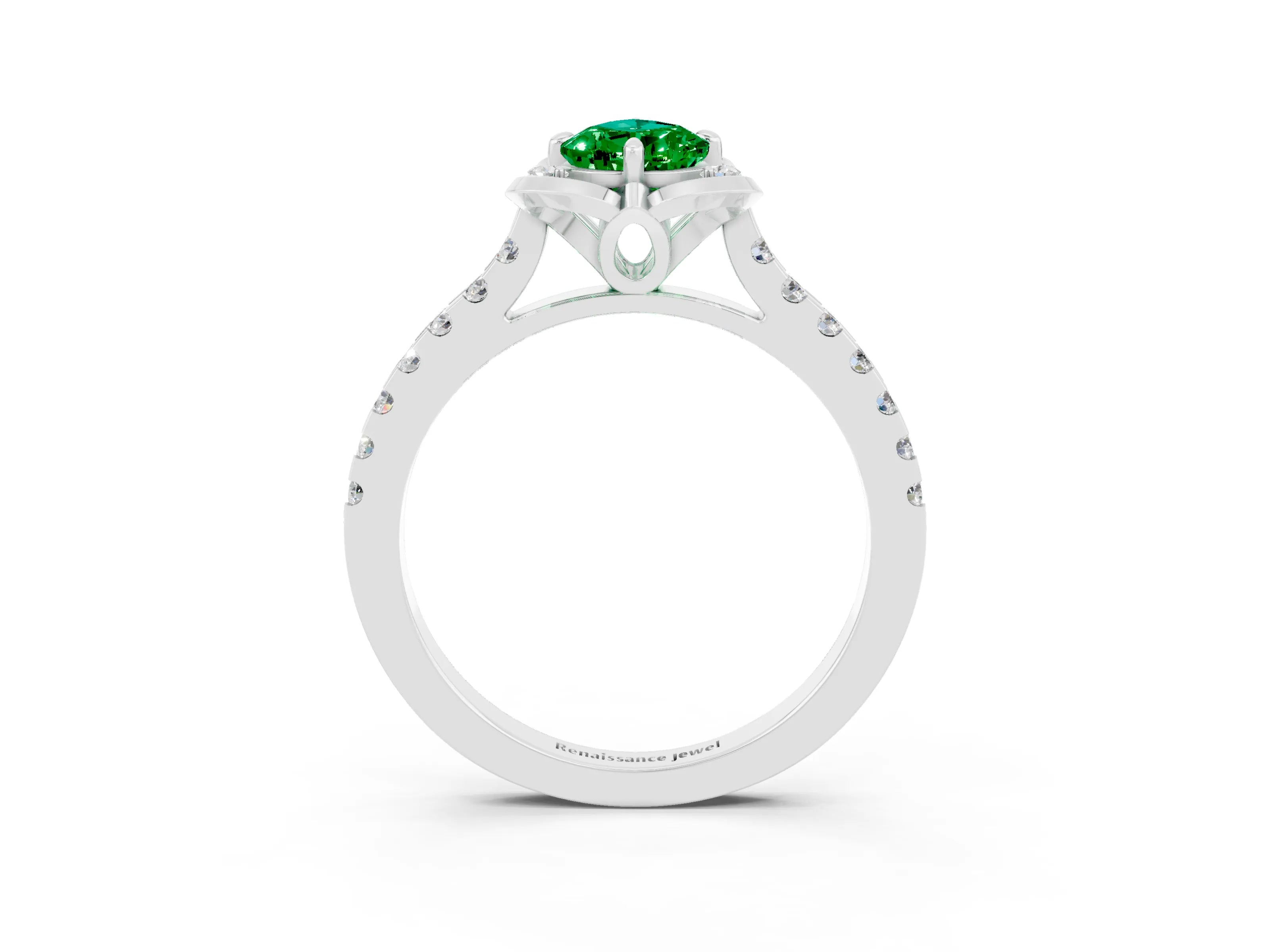 White gold Pear Cut Emerald Ring with Pavé Band and Floral Prong Setting_3
