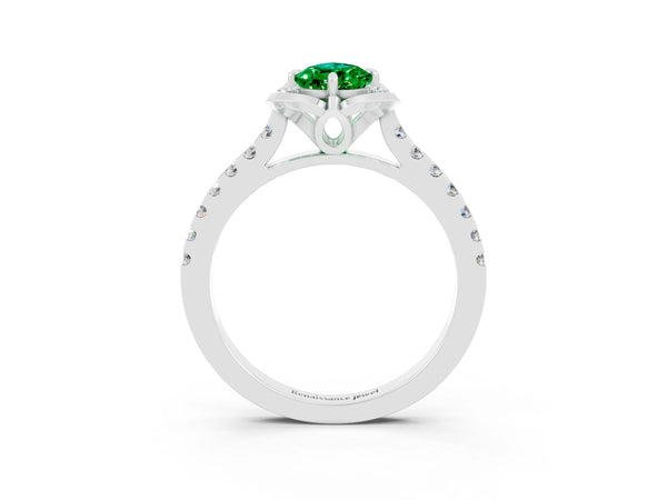 Silver Pear Cut Emerald Ring with Pavé Band and Floral Prong Setting