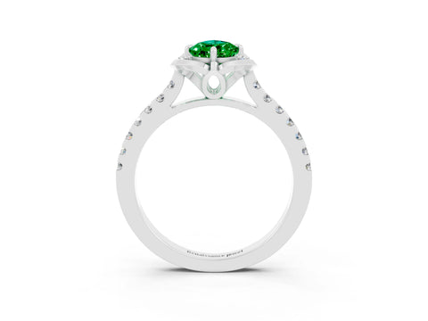 White gold Pear Cut Emerald Ring with Pavé Band and Floral Prong Setting_3