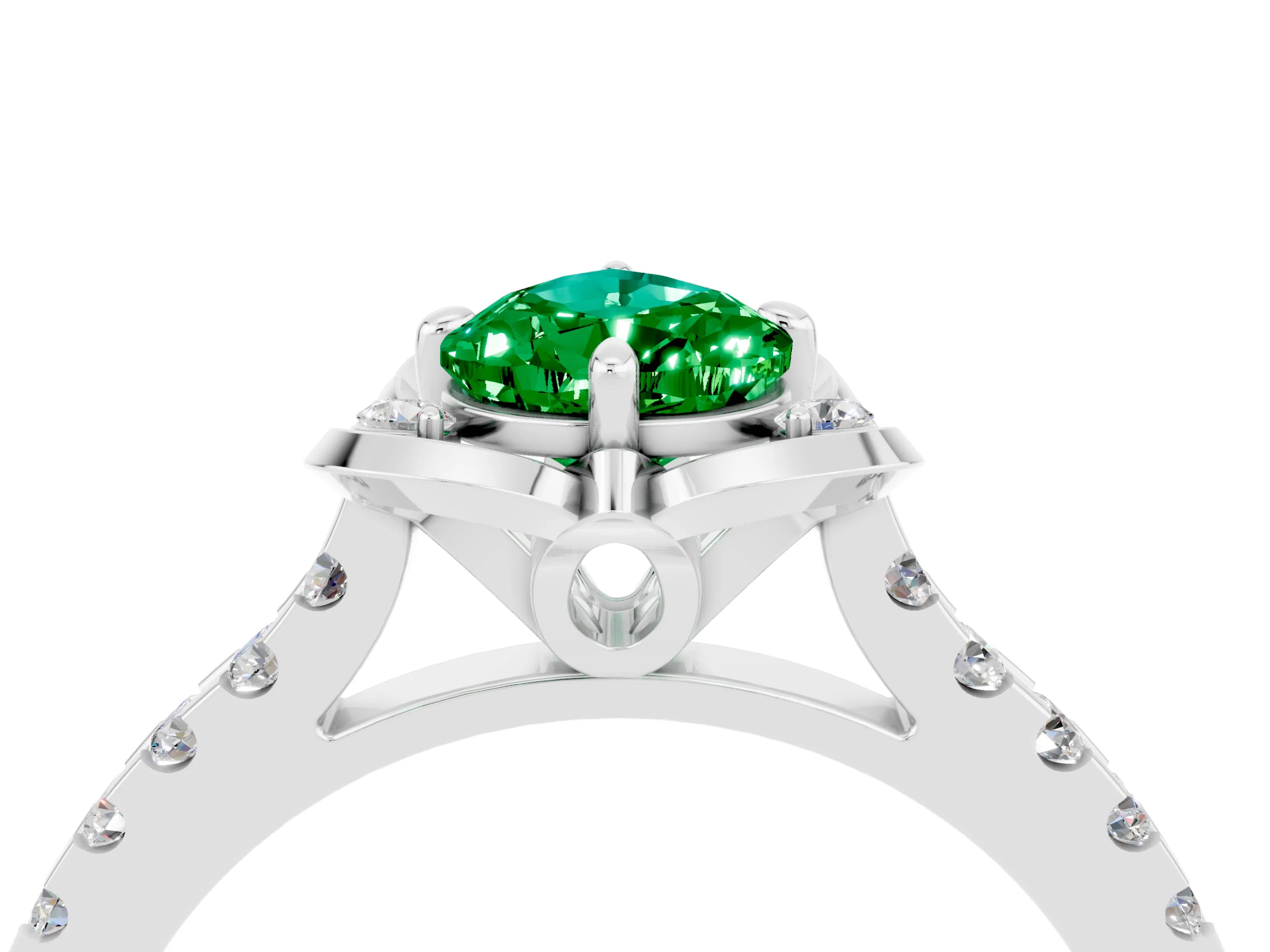 White gold Pear Cut Emerald Ring with Pavé Band and Floral Prong Setting_4