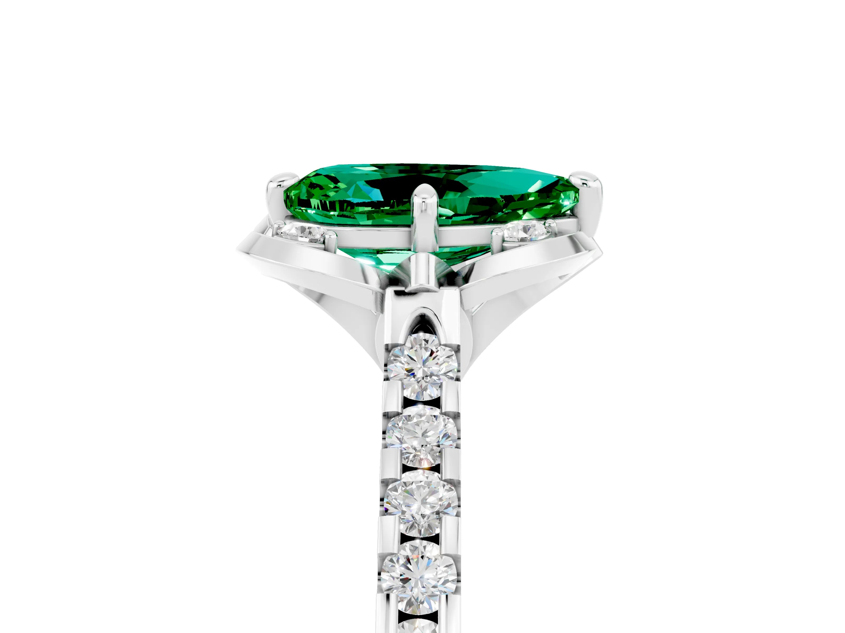 White gold Pear Cut Emerald Ring with Pavé Band and Floral Prong Setting_5